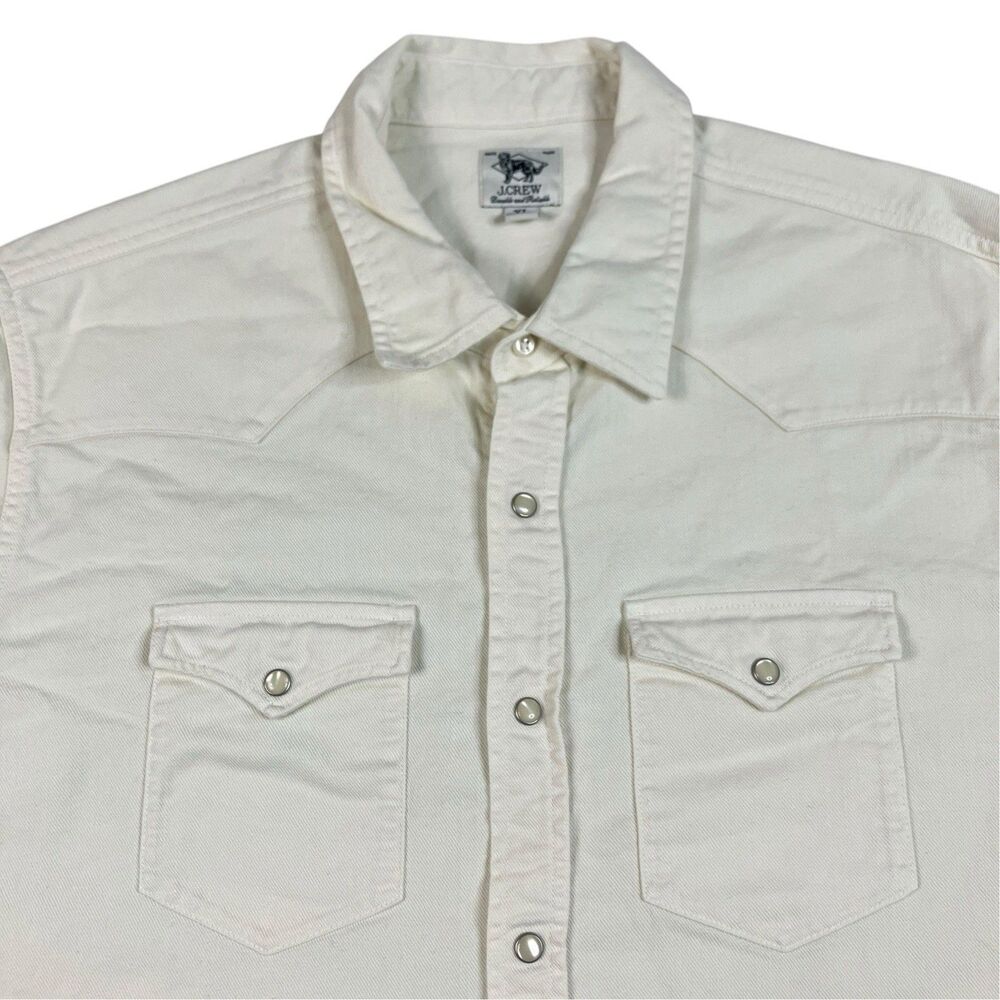 J Crew Pearl Snap Denim Western Shirt Mens XL Ecru Cotton Preppy Midweight CQ961